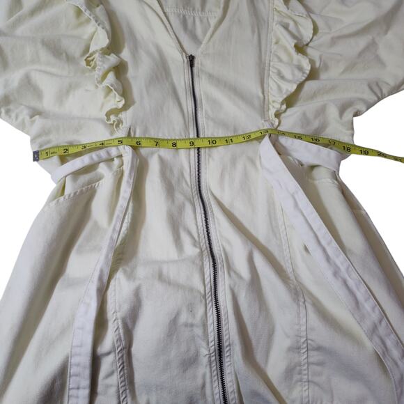 Free People Sz XL Imogene Cream Denim Mini Dress Ruffle Puff Sleeve Dolman - Picture 15 of 17